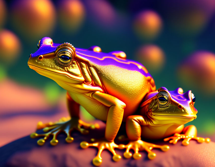 Colorful digital frogs on bokeh background