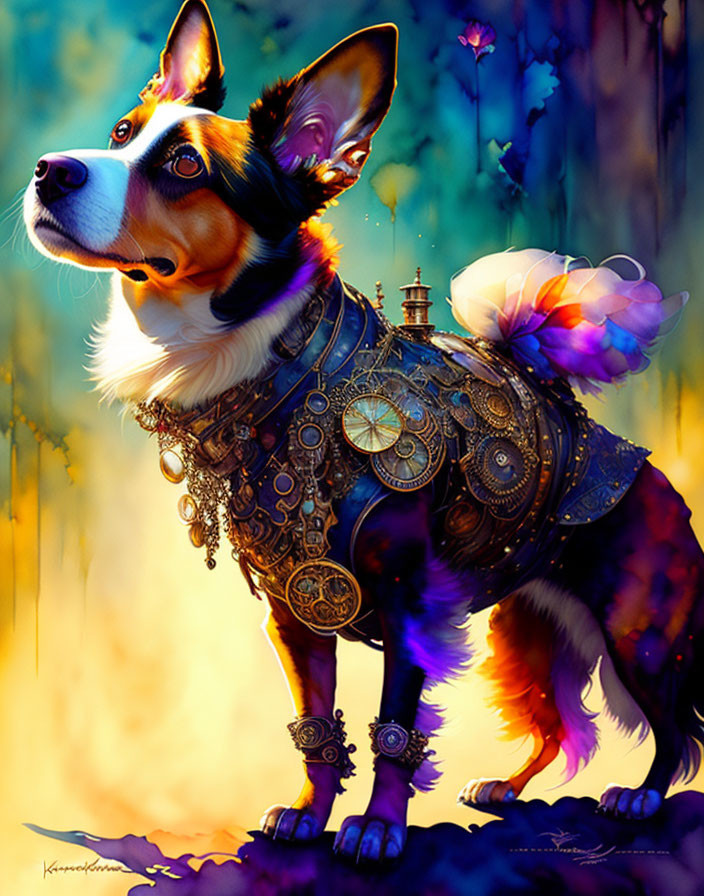 Colorful Steampunk Dog Illustration in Mystical Forest