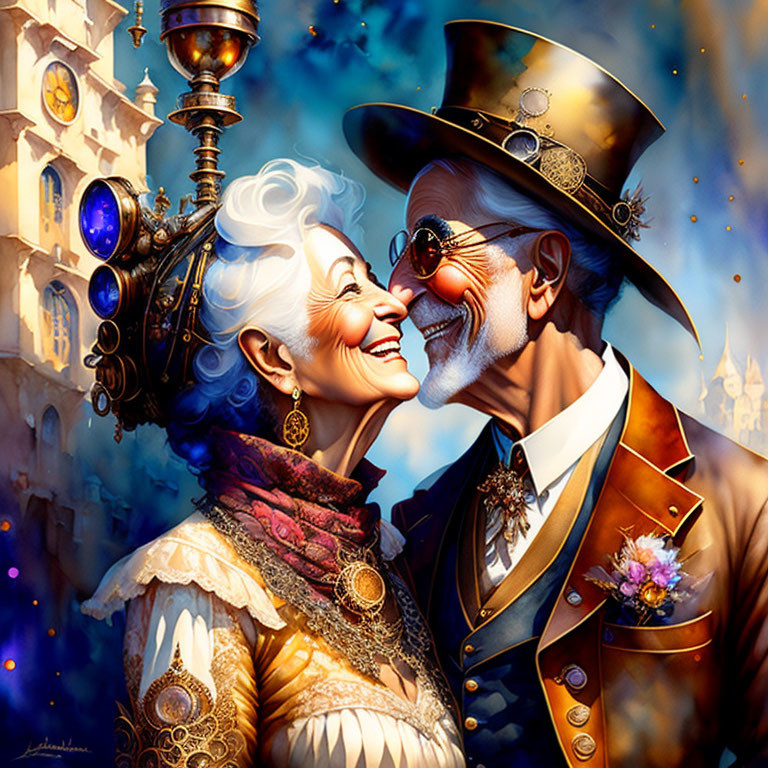 Elderly couple in steampunk attire laughing in whimsical setting