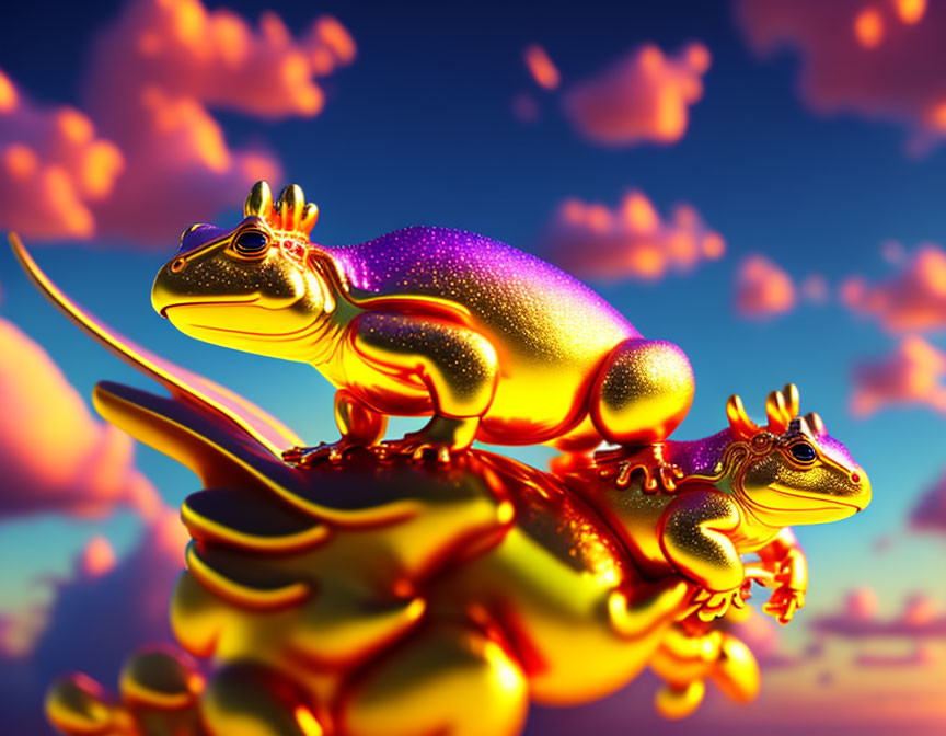 Vibrant gold and purple salamanders on red wave under pink cloud-filled sky