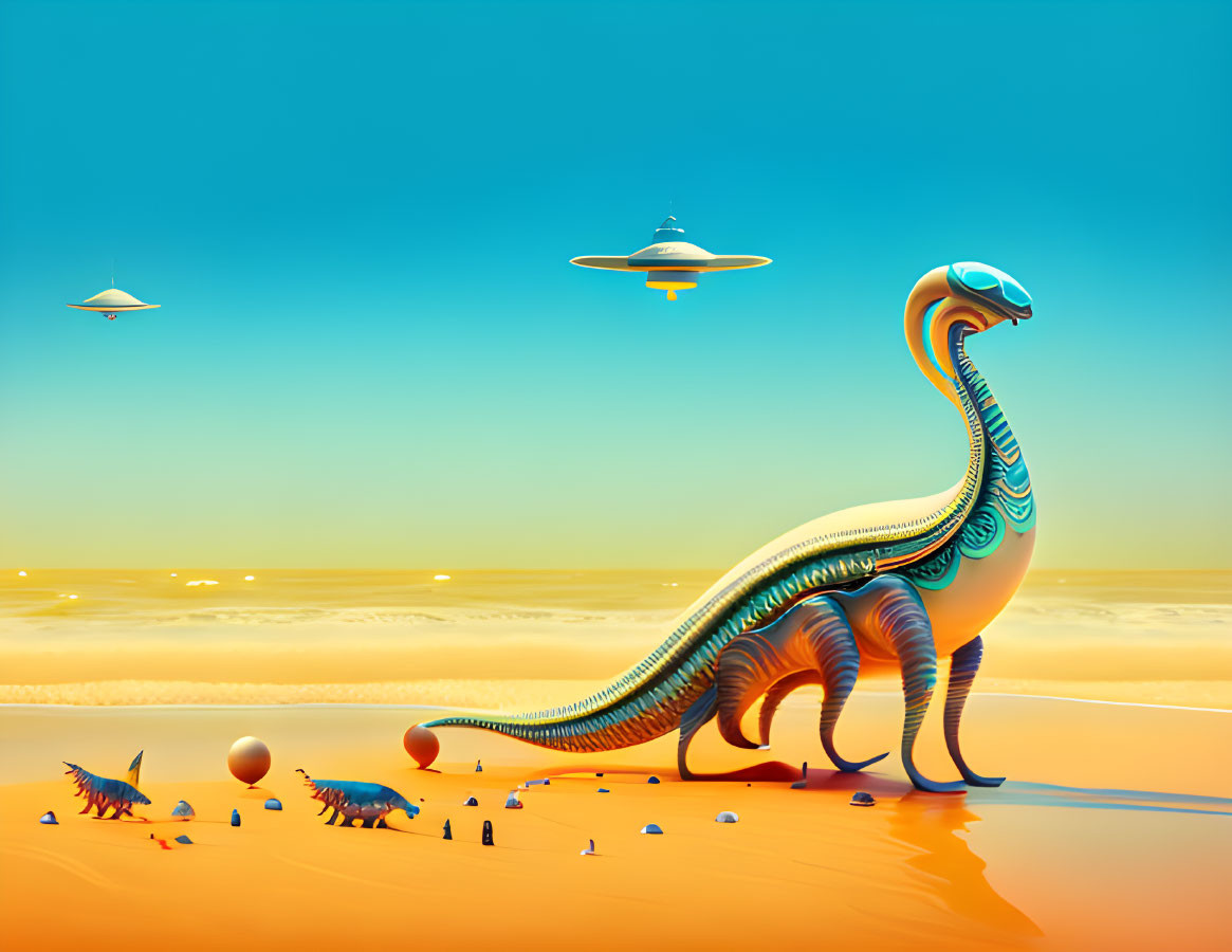 Futuristic dinosaur and UFOs in surreal desert landscape