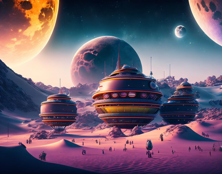 Futuristic sci-fi landscape with large moons, desert buildings, and a lone observer