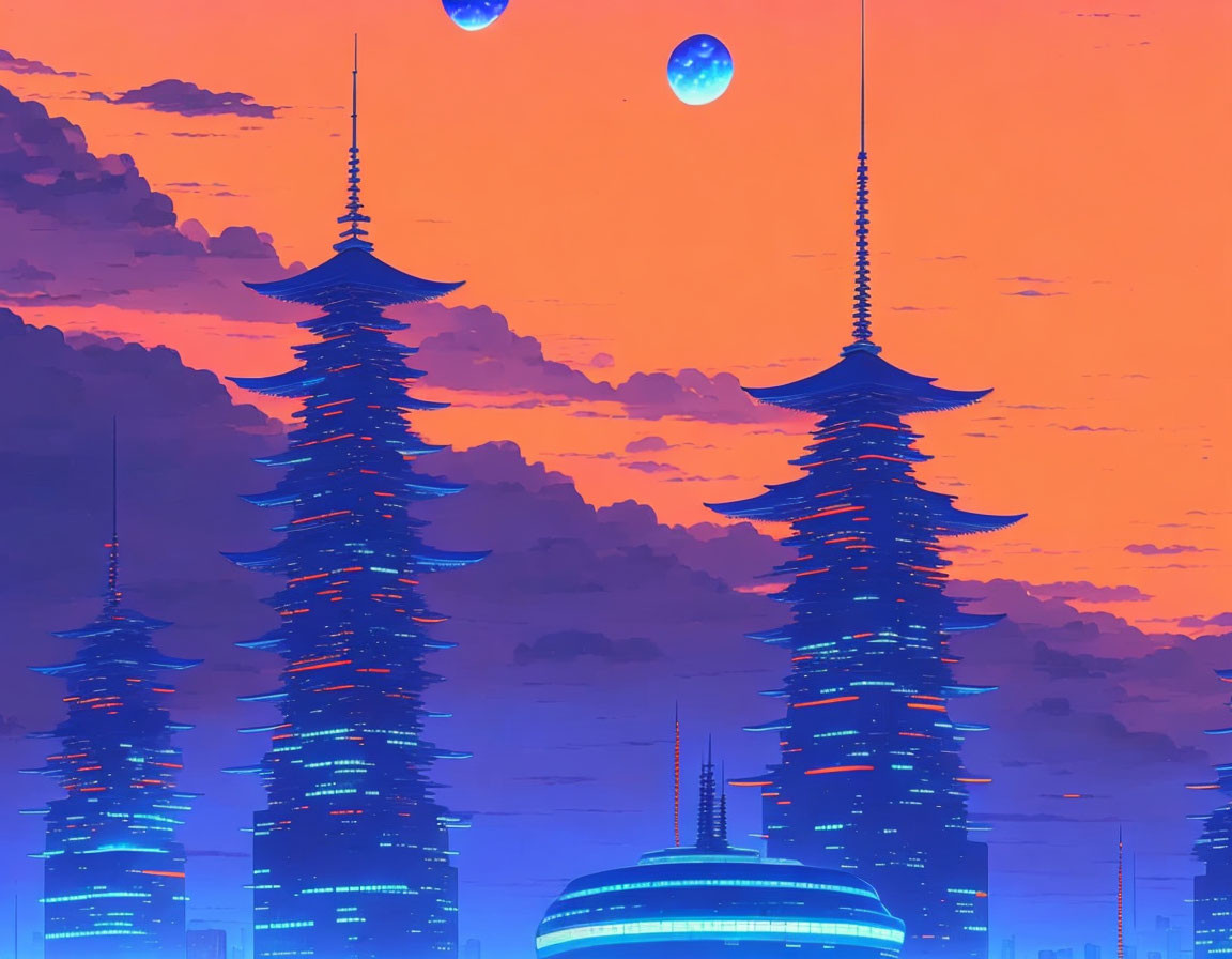 Futuristic pagoda-inspired skyscrapers in sci-fi Asian metropolis