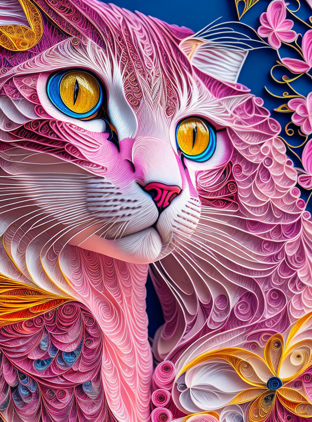 Colorful Stylized Cat Face Artwork with Quilling Patterns and Floral Motifs