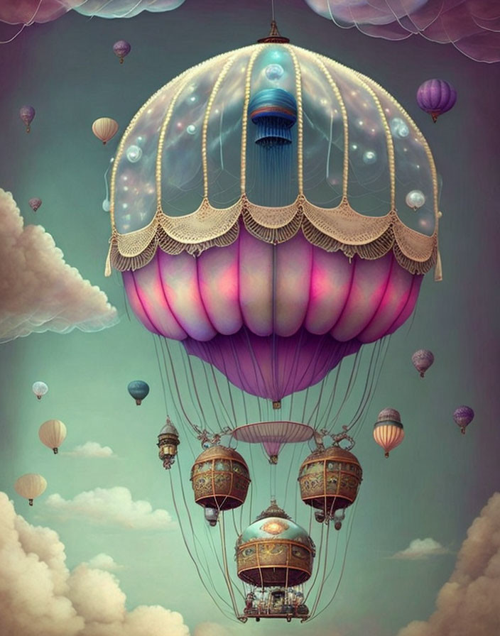 Large jellyfish-shaped hot air balloon with gondolas in dreamy sky