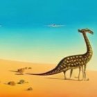 Futuristic dinosaur and UFOs in surreal desert landscape