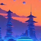 Futuristic pagoda-inspired skyscrapers in sci-fi Asian metropolis