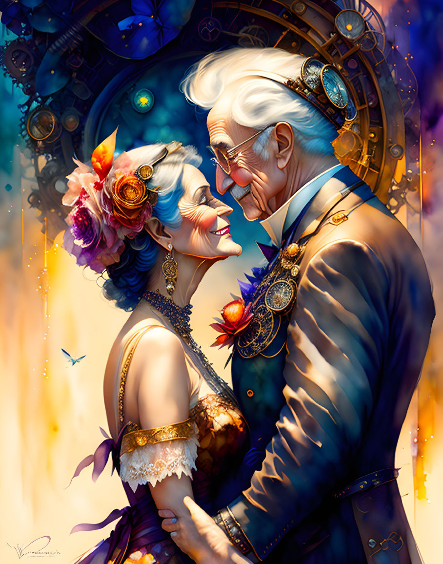 Elderly Couple in Steampunk Attire with Mechanical Gears