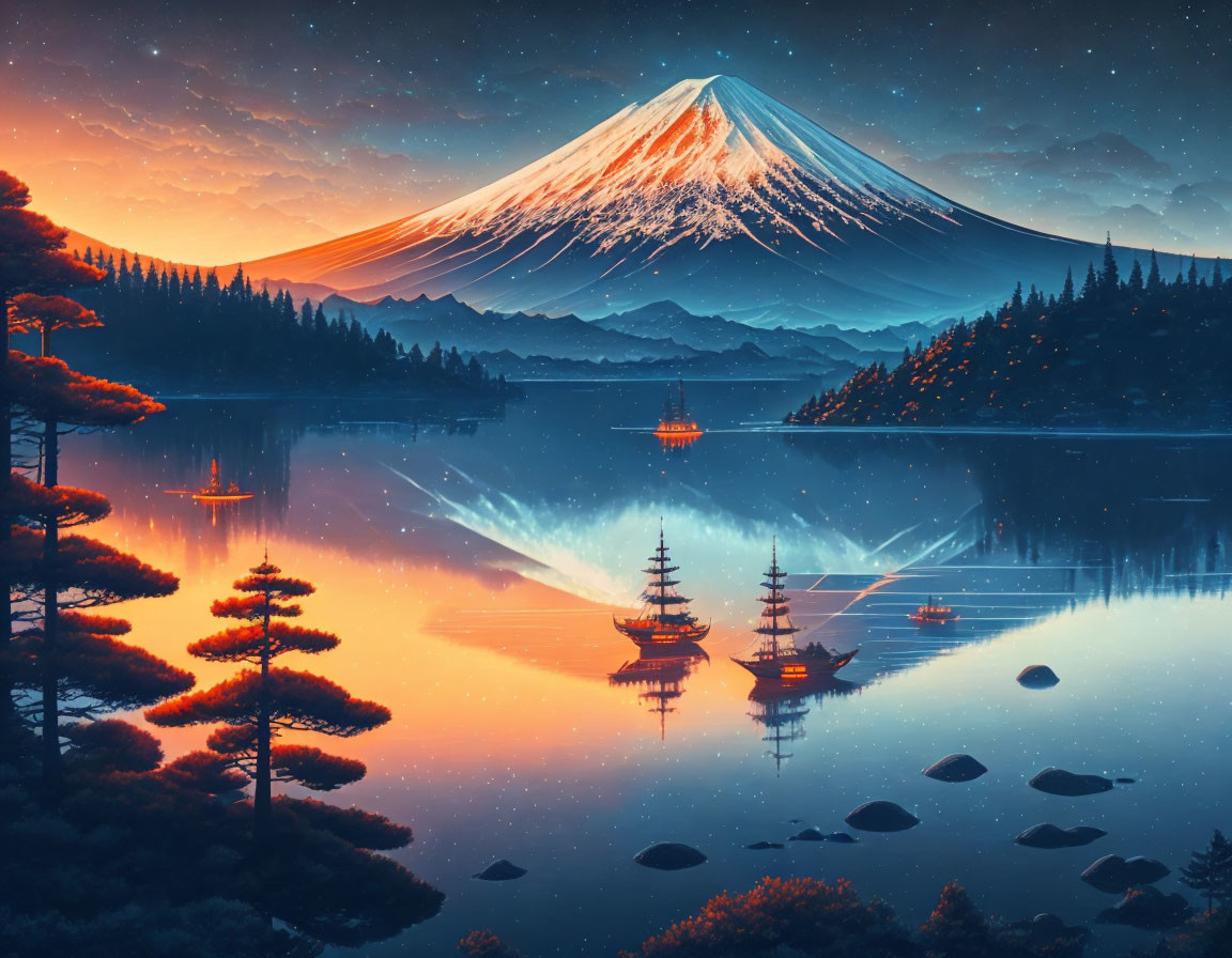 Tranquil sunrise view of Mount Fuji reflected in a serene lake