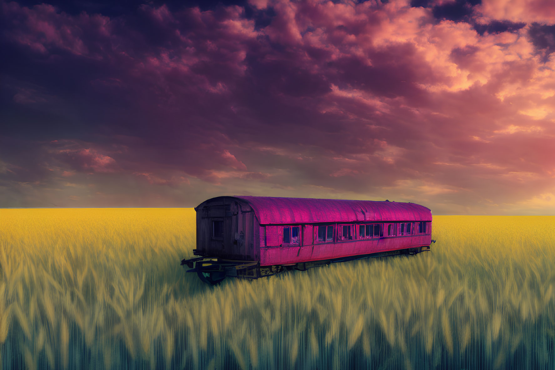 Abandoned pink train carriage in yellow wheat field at sunset