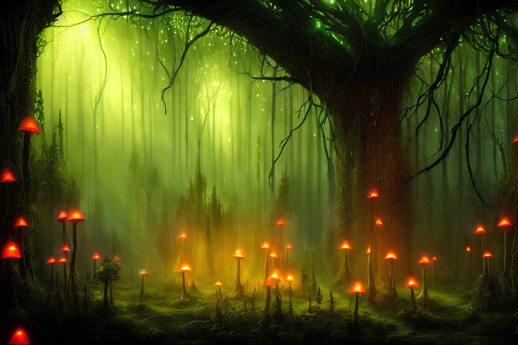 Enchanted forest scene with glowing red mushrooms and ethereal green light