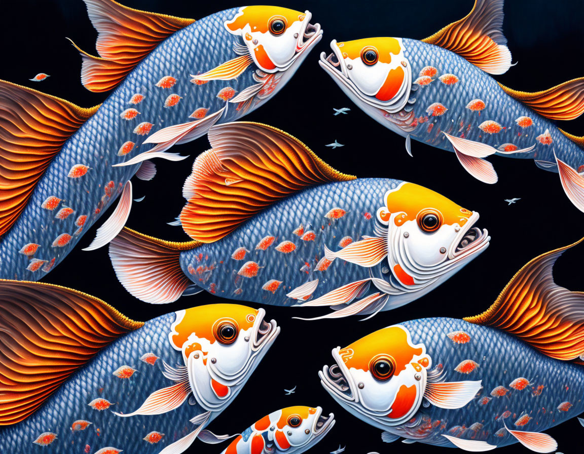 Colorful digital artwork: Blue and orange koi fish with whimsical expressions