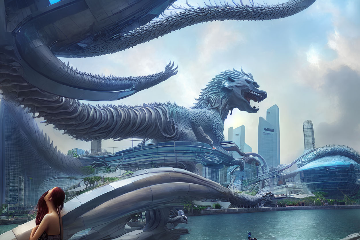 Futuristic metallic dragon sculpture in urban cityscape