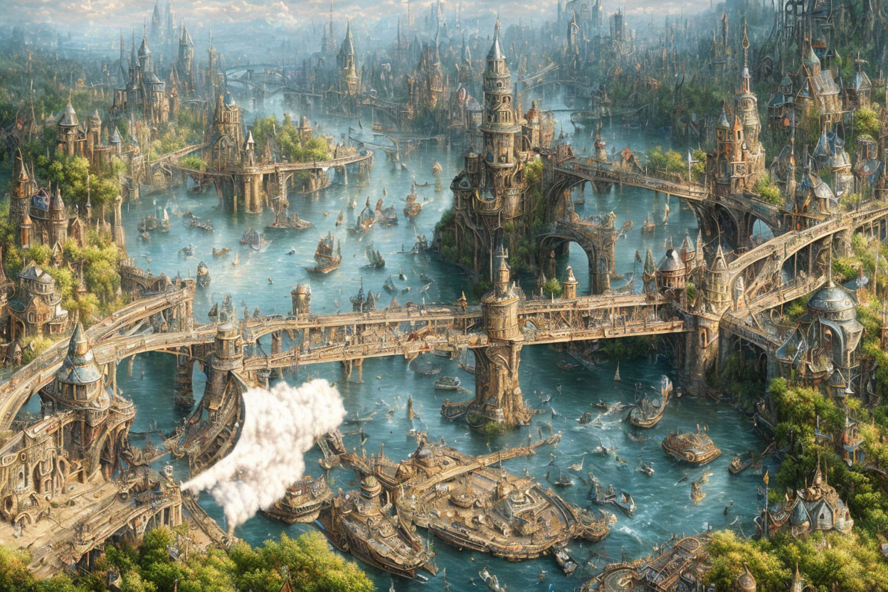 Ornate fantasy cityscape with bridges, boats, and dirigible