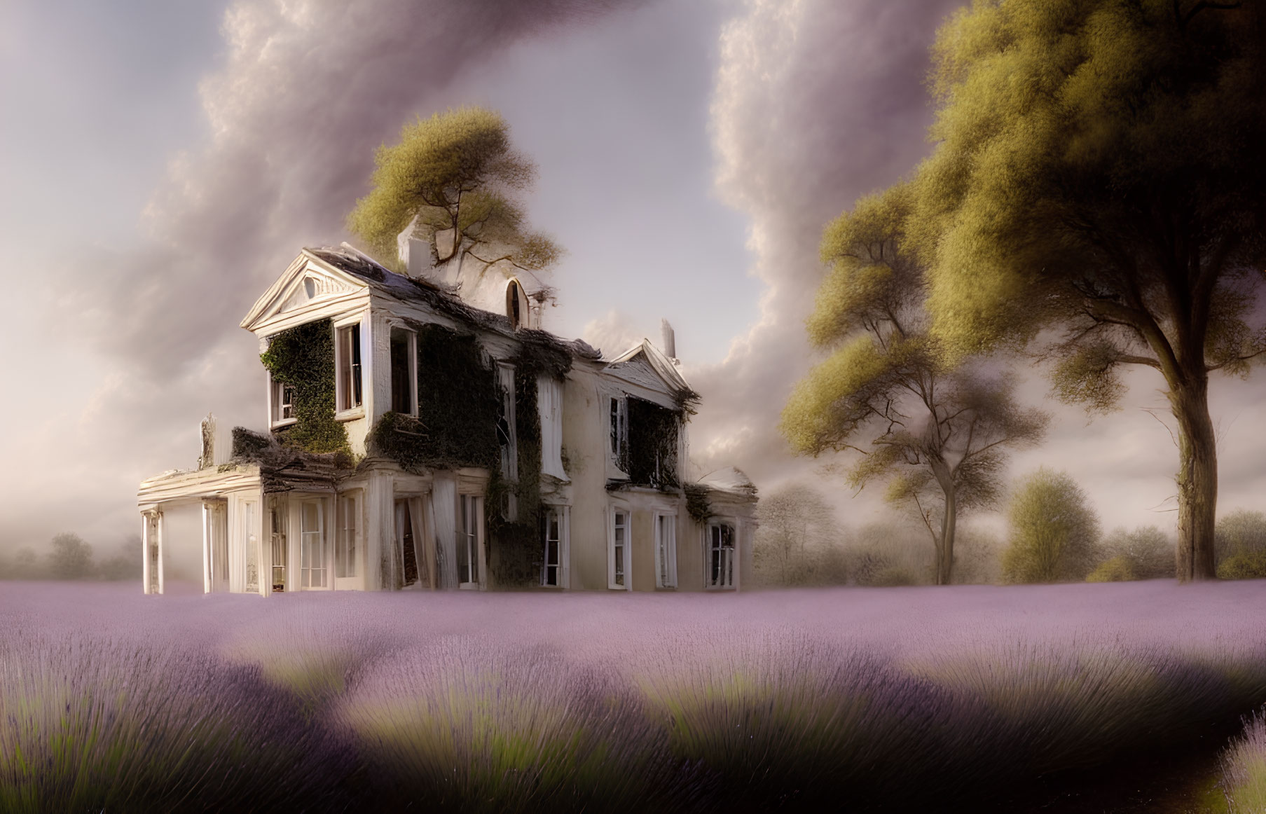 Abandoned mansion in lavender field under dramatic sky