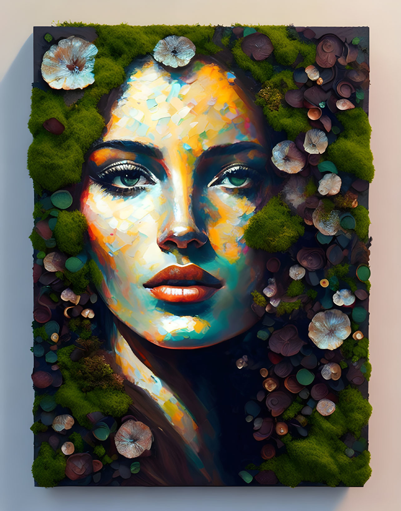 Vibrant portrait of woman's face with moss, leaves, and fungi on canvas