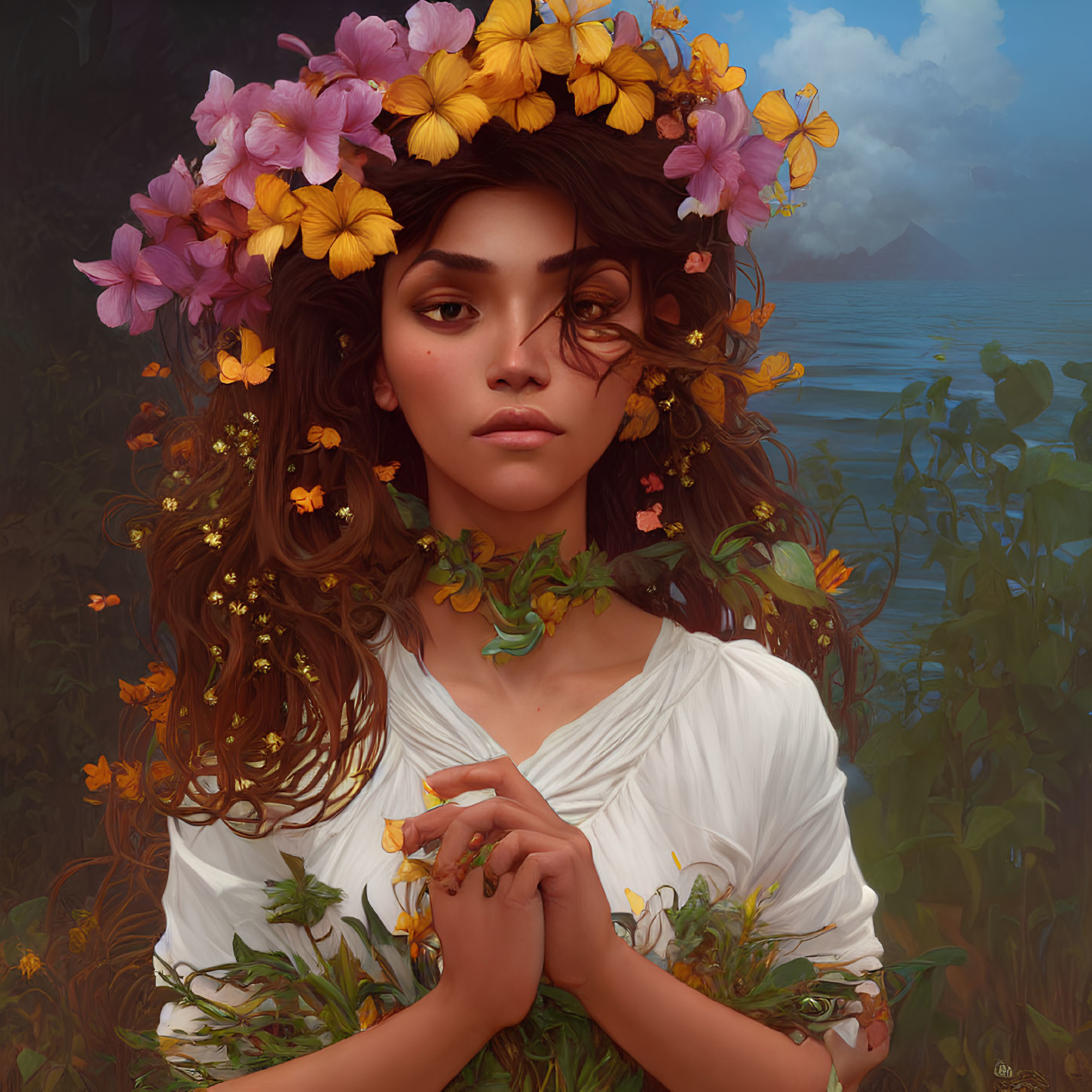 Digital painting of woman with floral crown in lush greenery, white blouse.