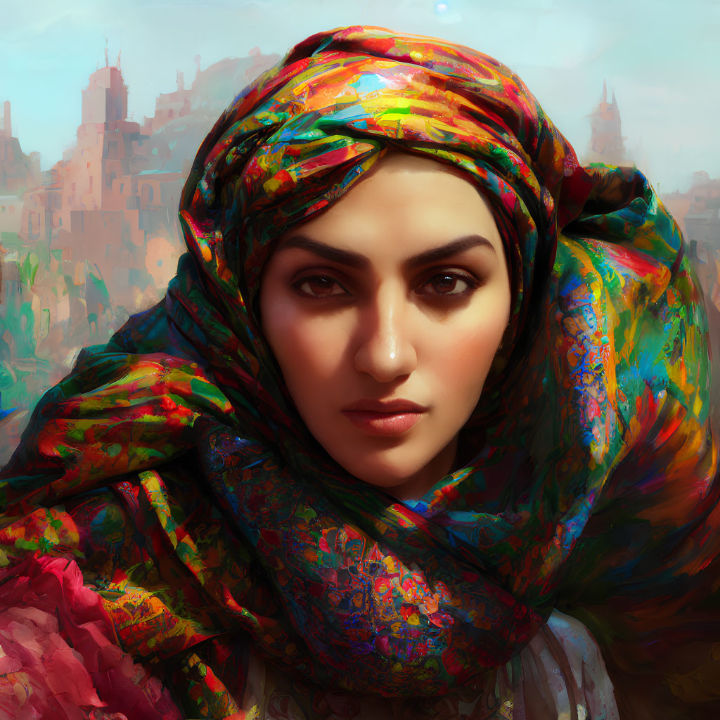 Colorful headscarf woman gazes with expressive eyes in cityscape background