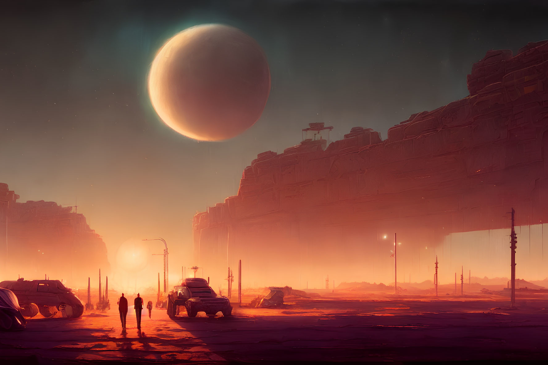 Silhouetted figures, futuristic vehicles, moon, and structures in sci-fi scene