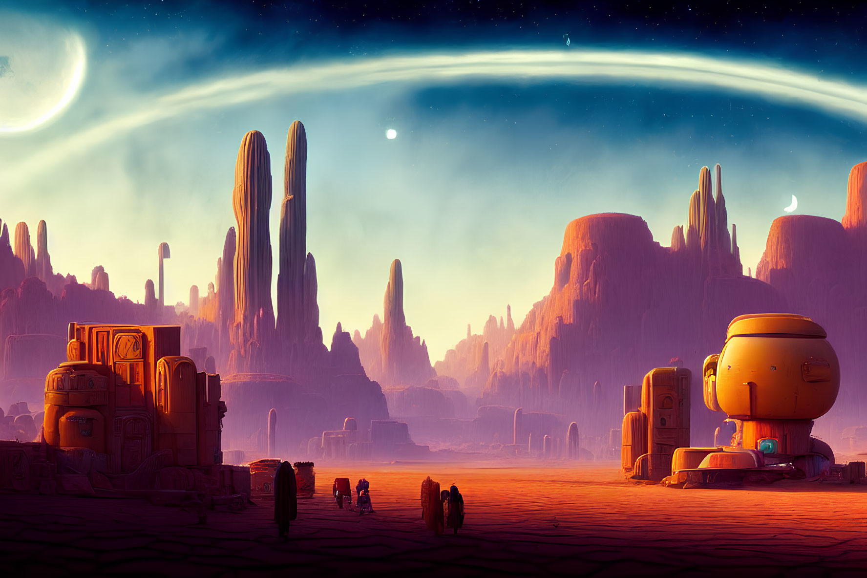 Surreal alien landscape with towering rock formations and astronauts exploring under a starry sky.