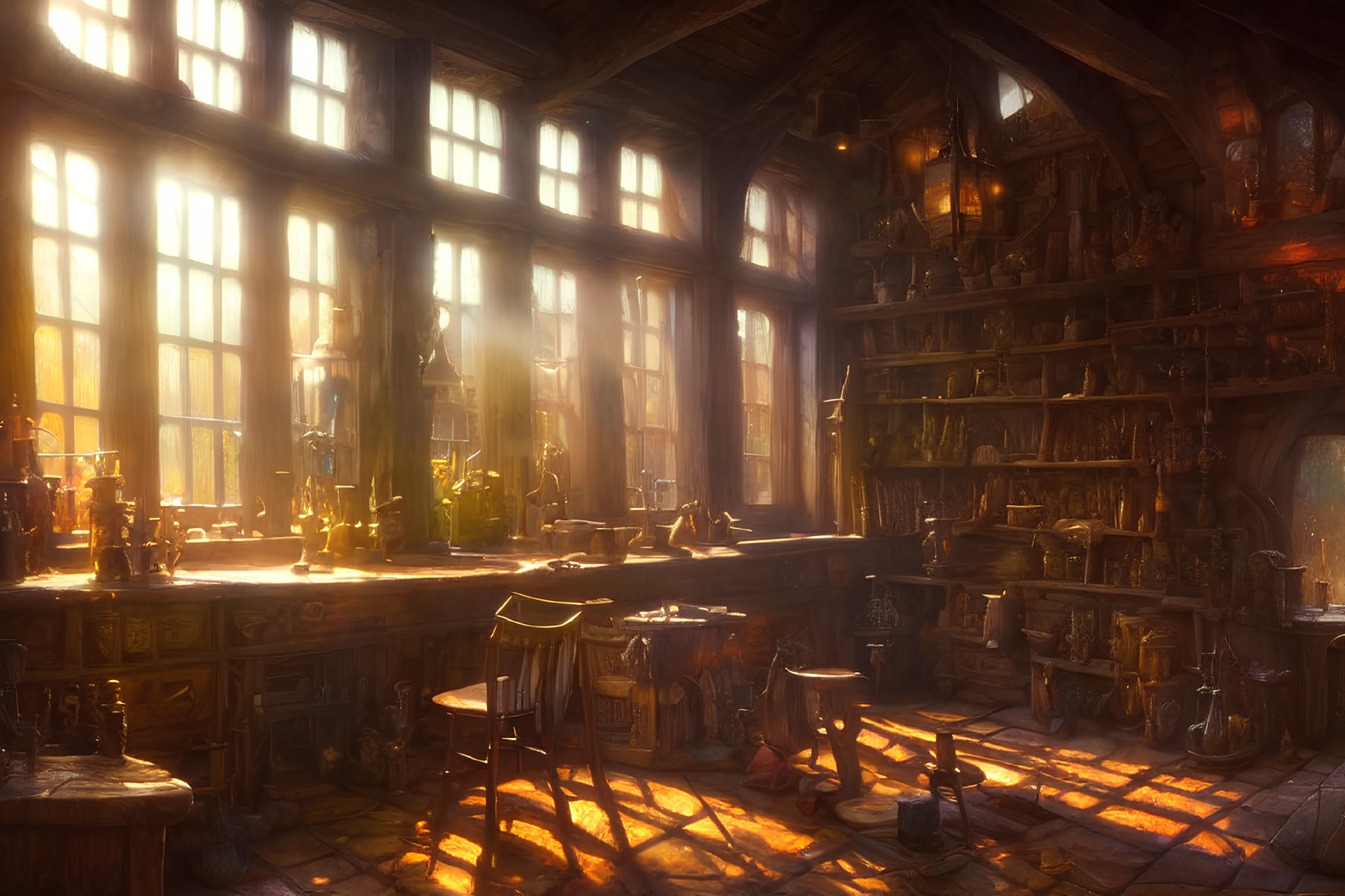 Sunlit Alchemy Lab with Vintage Charm and Cozy Atmosphere