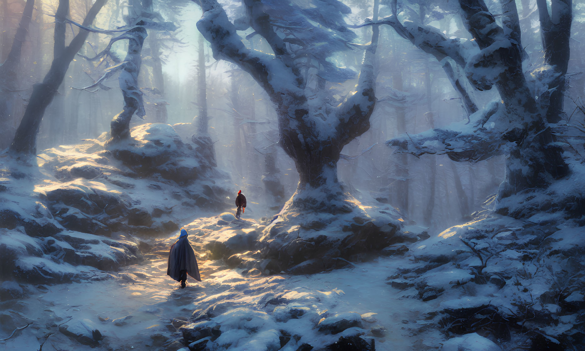 Mystical snowy forest with ancient twisted trees and cloaked figures