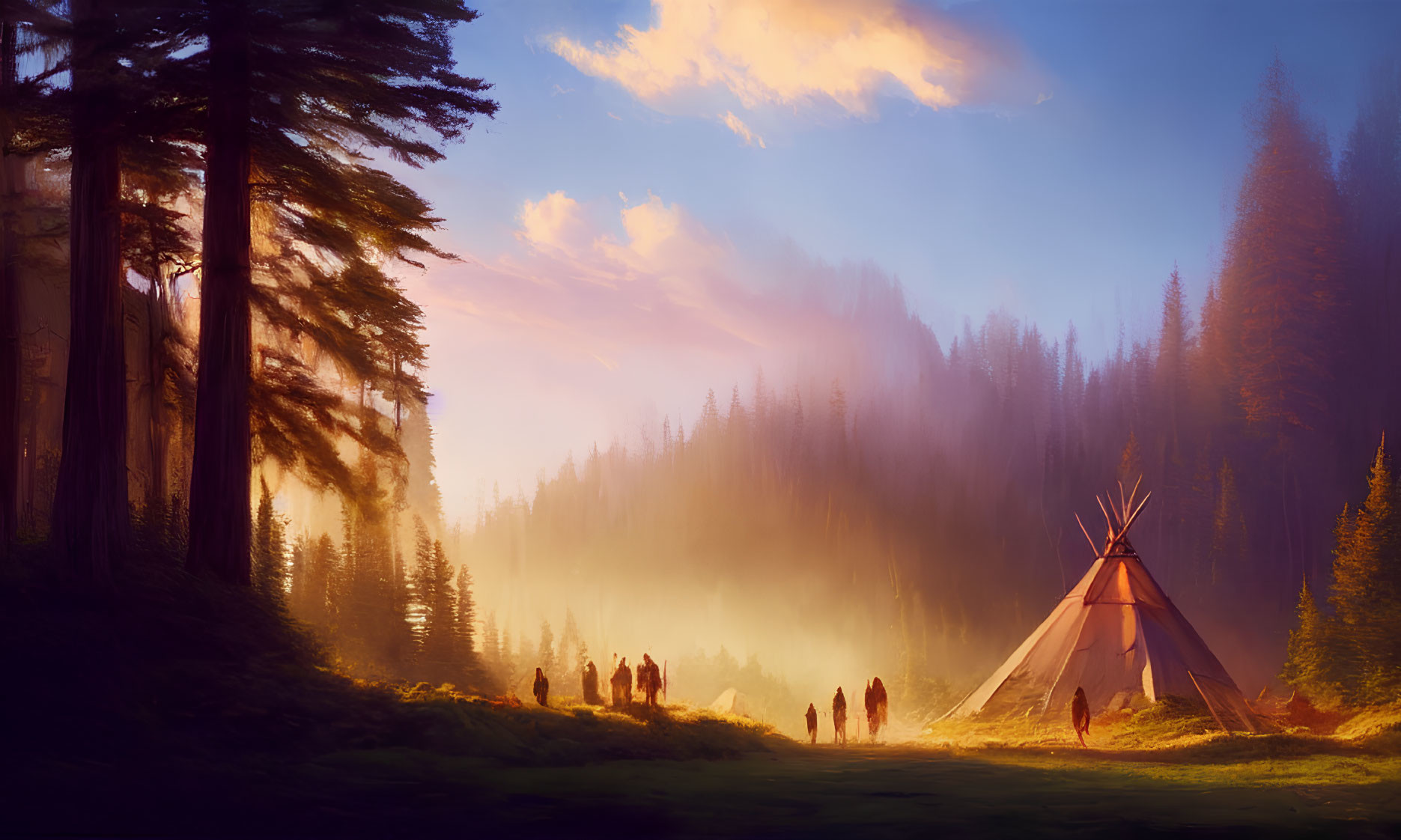 Tranquil forest sunset with teepee, campfire, and mist