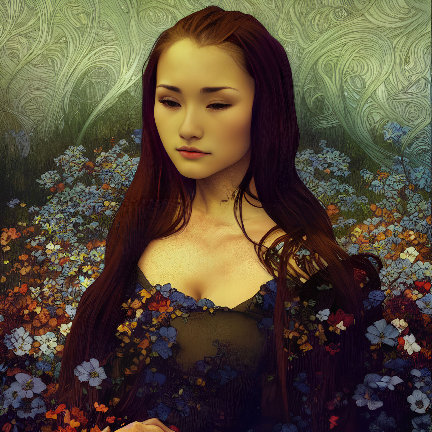Digital artwork: Woman with dark hair in flower tapestry landscape