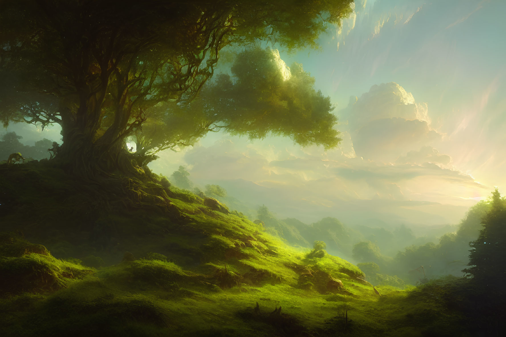 Majestic tree on hill in lush, sunlit landscape