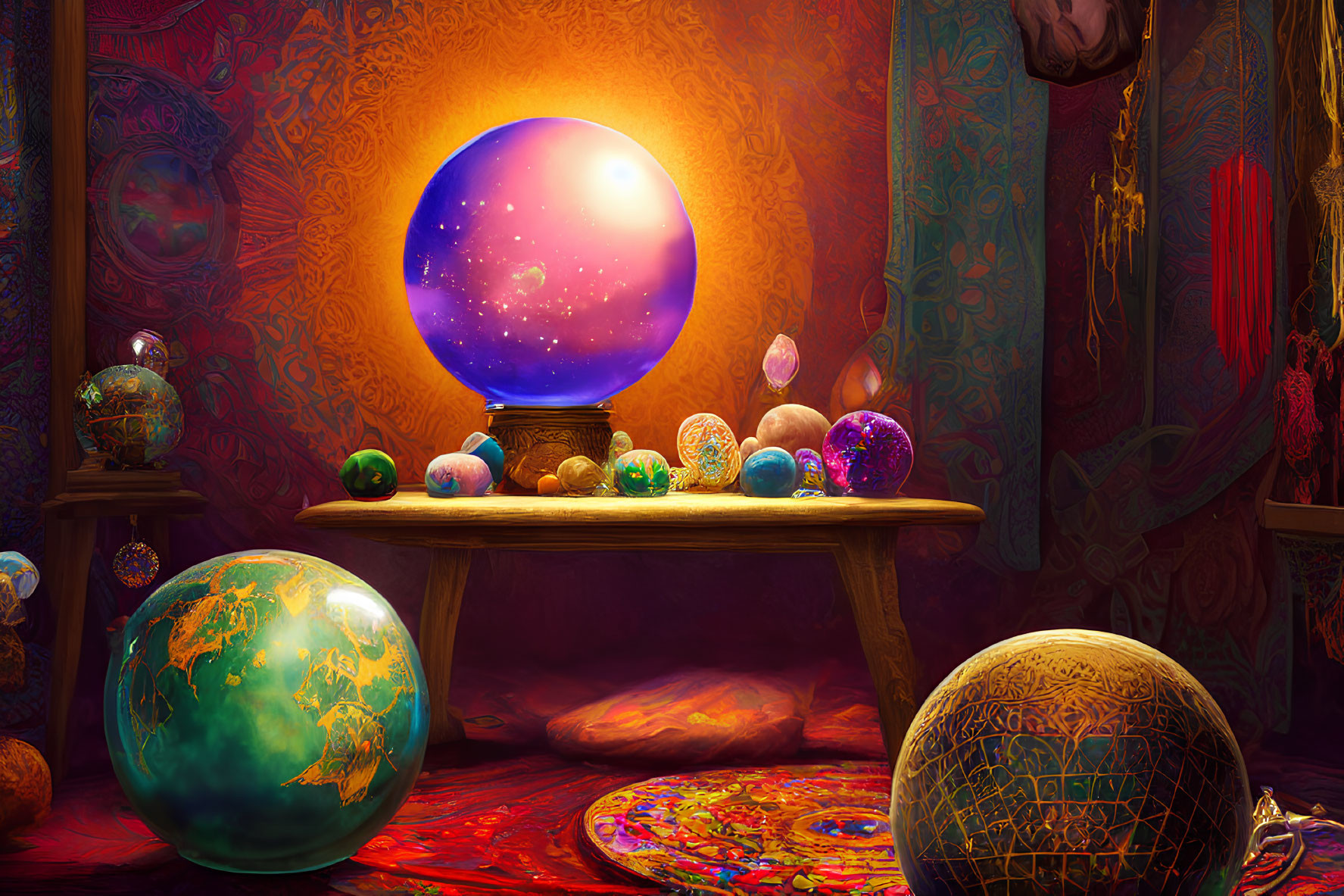 Colorful globes, ornate eggs, and luminous orb in vibrant room