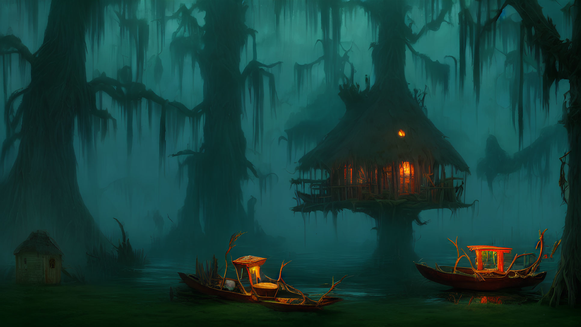 Mystical swamp at dusk with lit hut, boats, moss-covered trees & fog