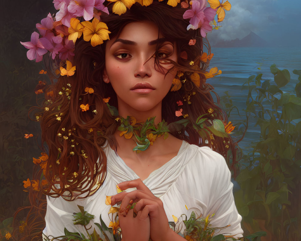 Digital painting of woman with floral crown in lush greenery, white blouse.