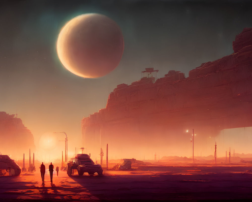 Silhouetted figures, futuristic vehicles, moon, and structures in sci-fi scene