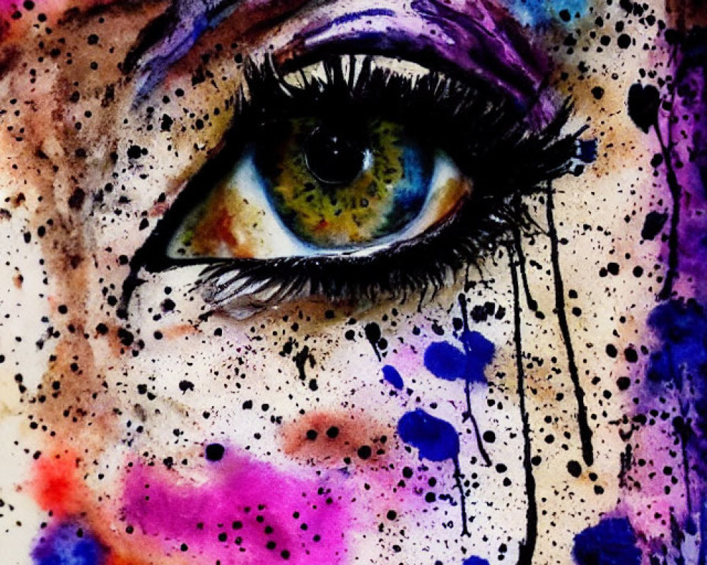 Colorful Watercolor Eye Painting with Purple, Blue, and Black Explosive Colors