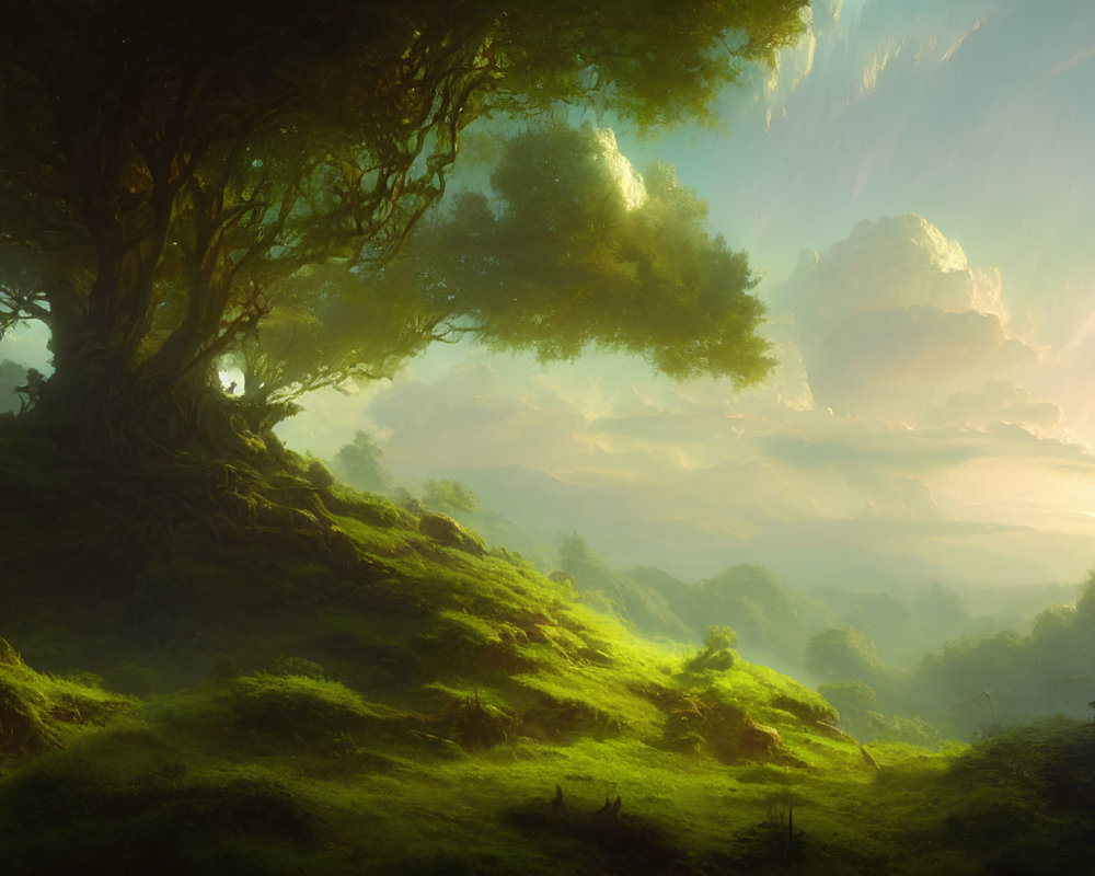 Majestic tree on hill in lush, sunlit landscape