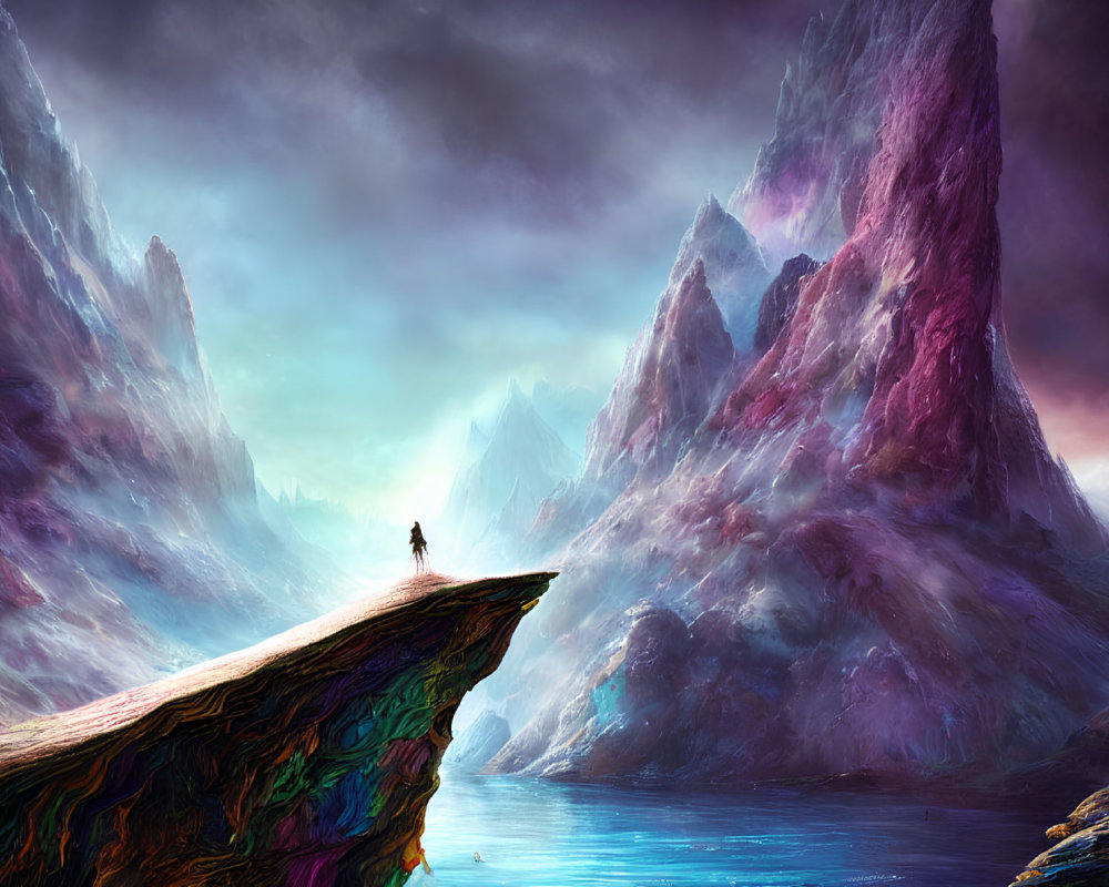 Lone Figure on Cliff Overlooking Surreal Purple Mountains