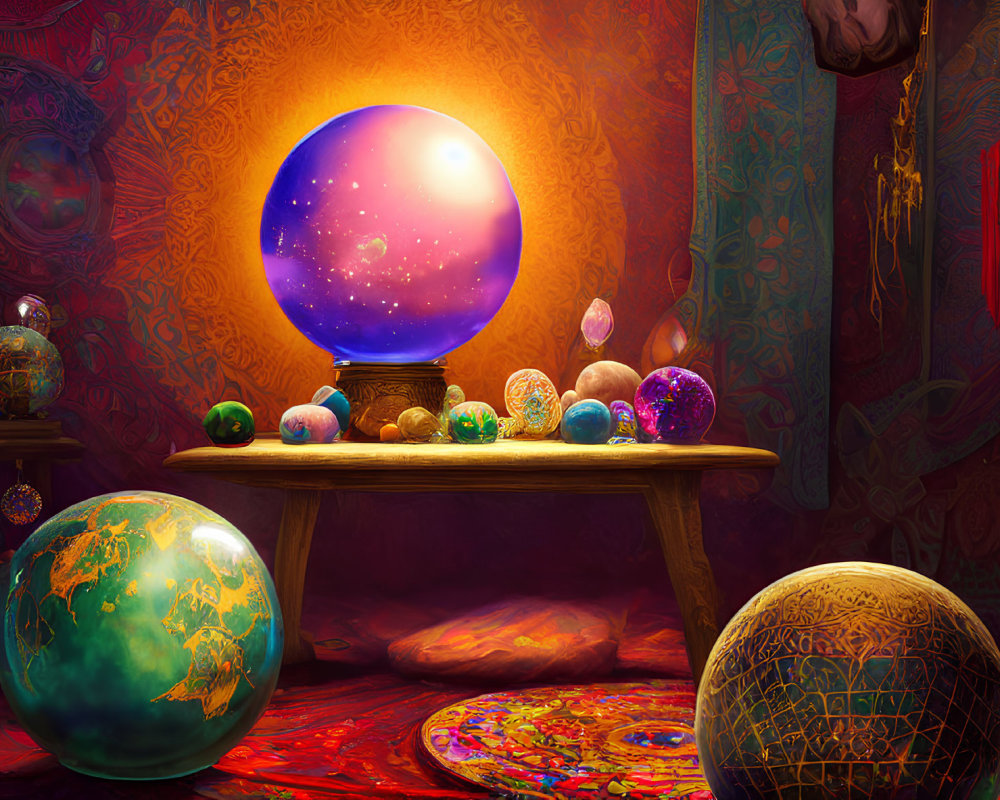 Colorful globes, ornate eggs, and luminous orb in vibrant room