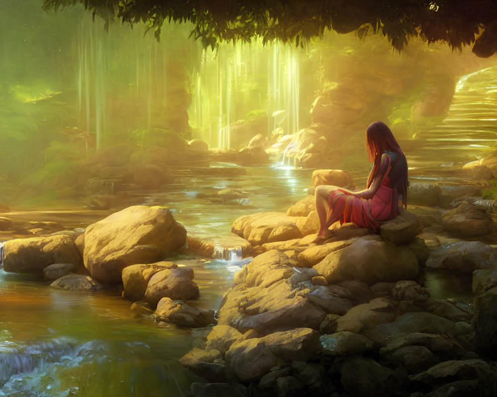 Woman in Red Dress Sitting by Stream Surrounded by Nature