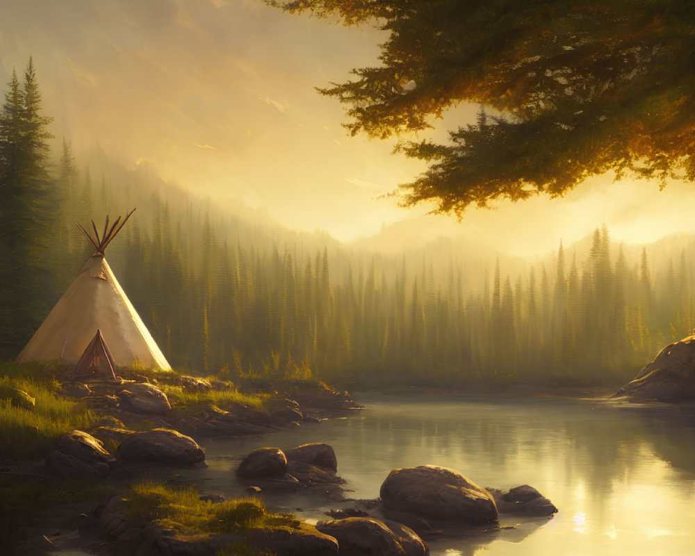 Tranquil Teepee Scene by Calm River and Forest