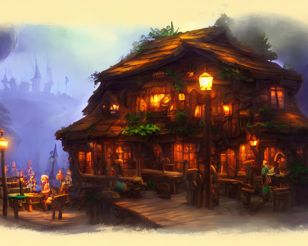 Fantasy tavern scene with patrons in misty landscape at dusk