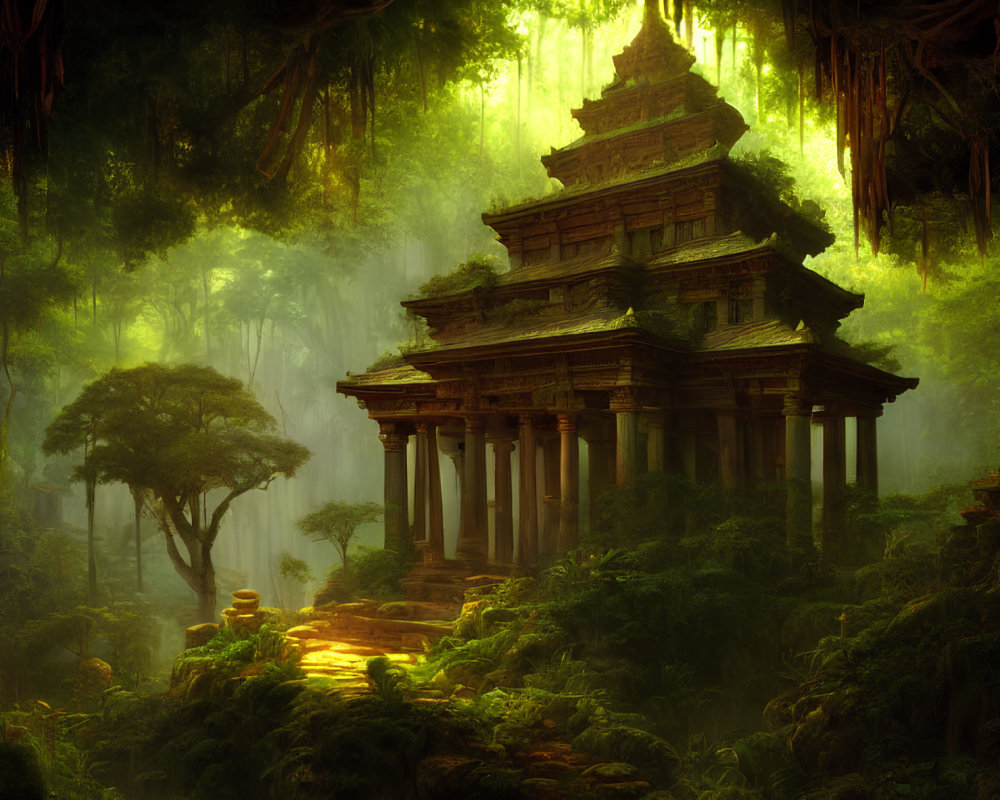 Ancient temple in lush forest with sunbeams filtering through canopy