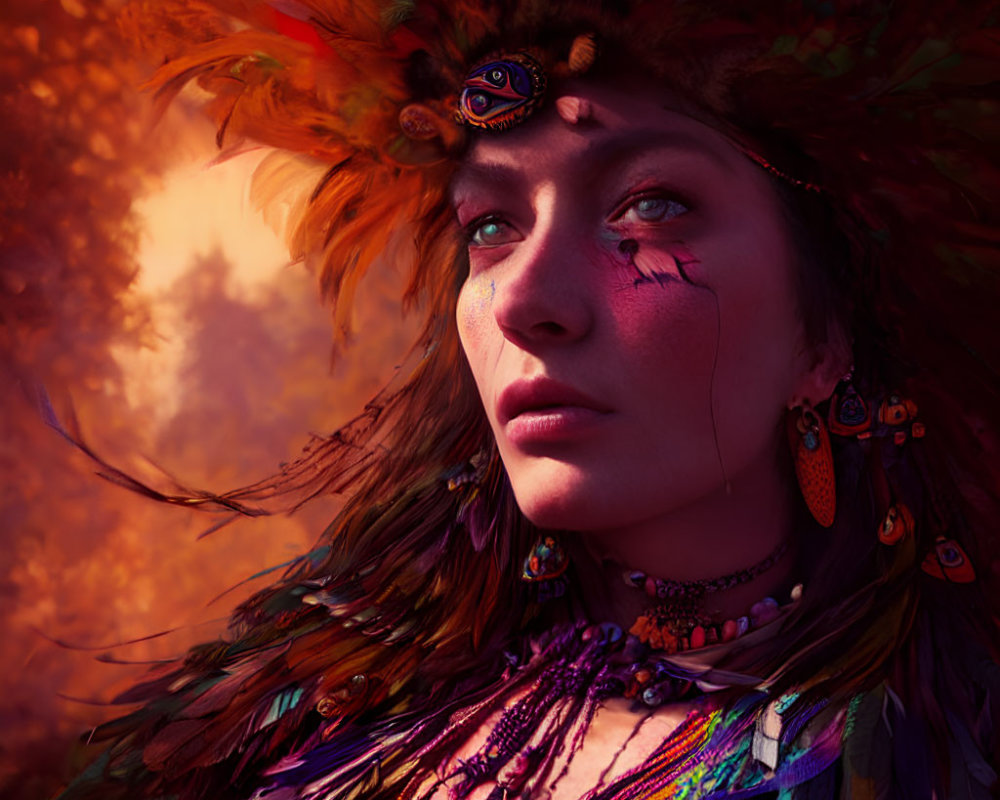 Person in Vibrant Feather Headdress and Face Paint Against Autumn Backdrop