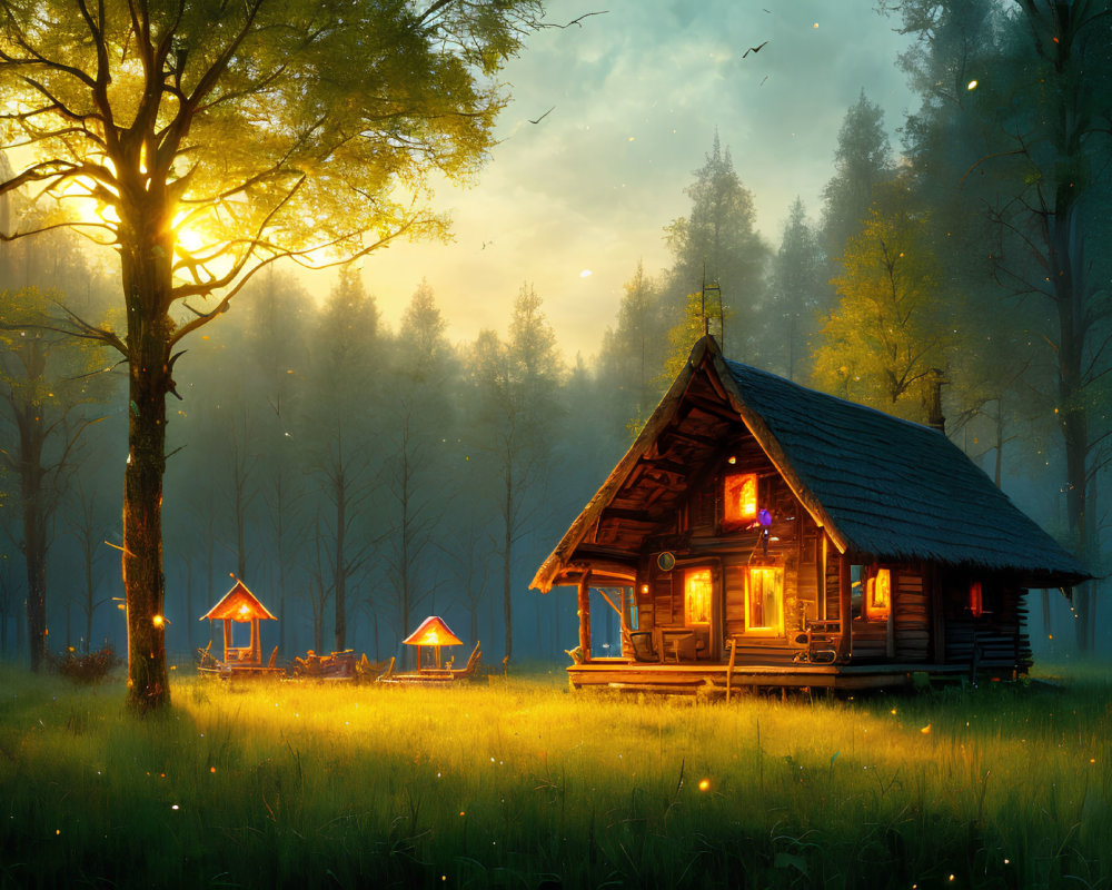 Wooden cabin in serene forest clearing with glowing windows at twilight