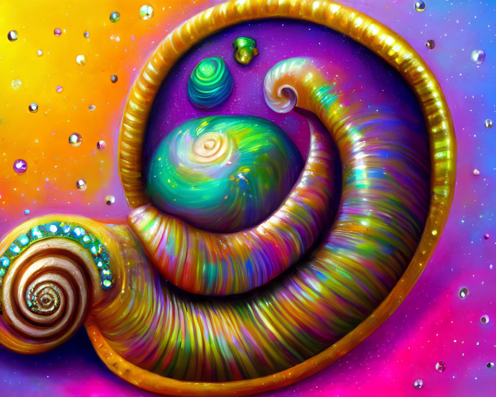 Colorful Stylized Snail Artwork with Cosmic Shell on Glittery Background