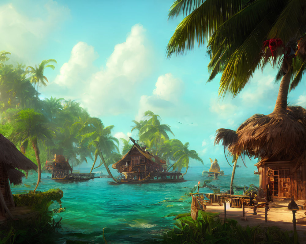 Scenic tropical island village with thatched huts and palm trees