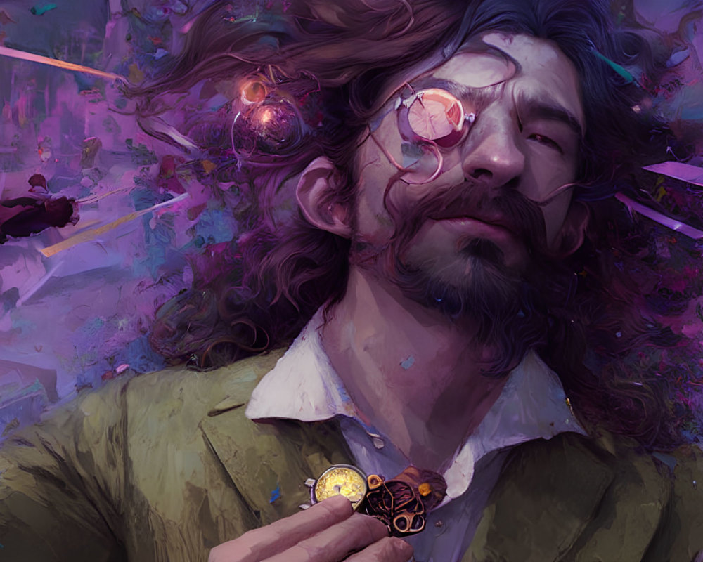 Whimsical digital painting of man with flowing hair, cosmic glasses, vibrant background