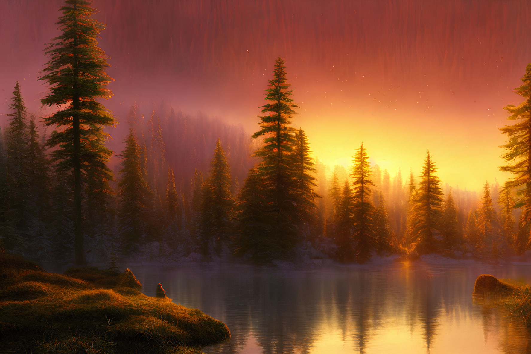 Tranquil sunset landscape with tall evergreen trees and calm lake