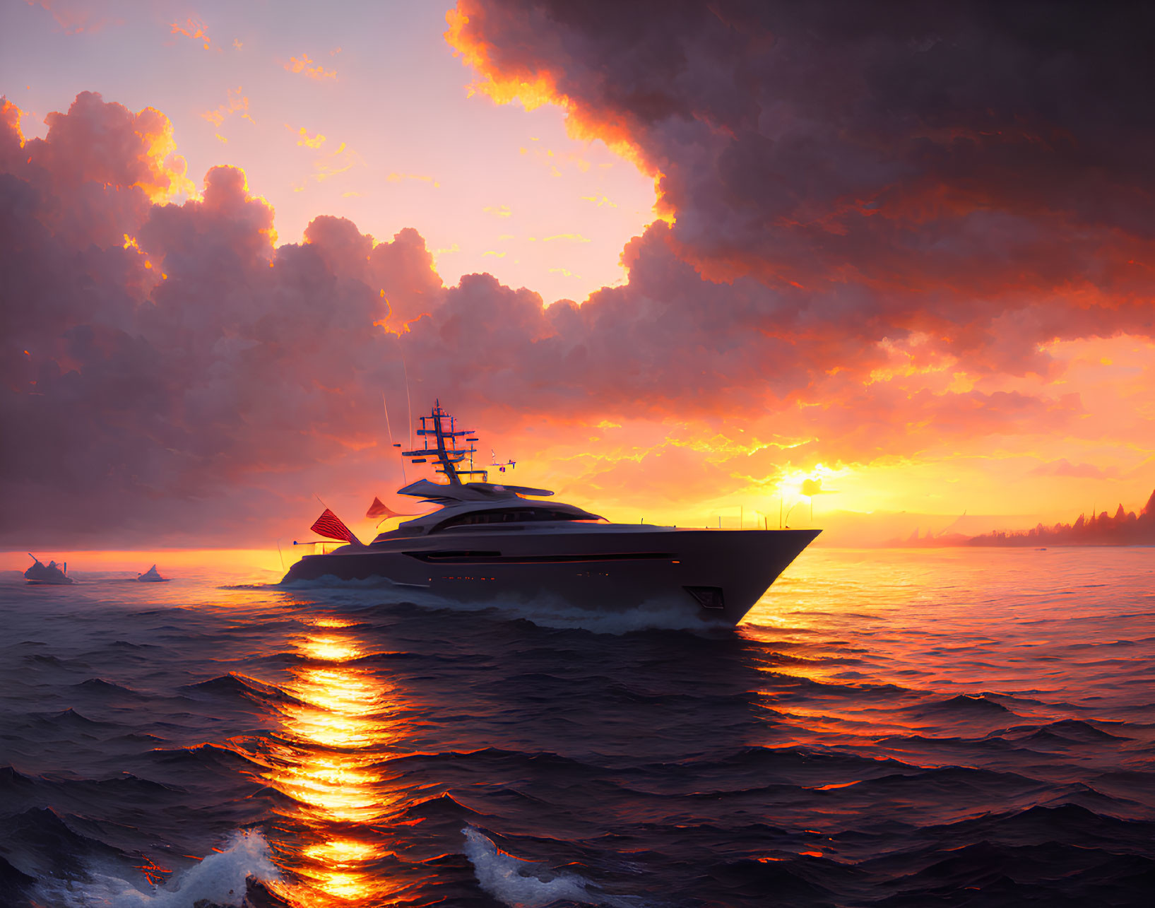 Sunset luxury yacht sailing on vivid orange ocean.