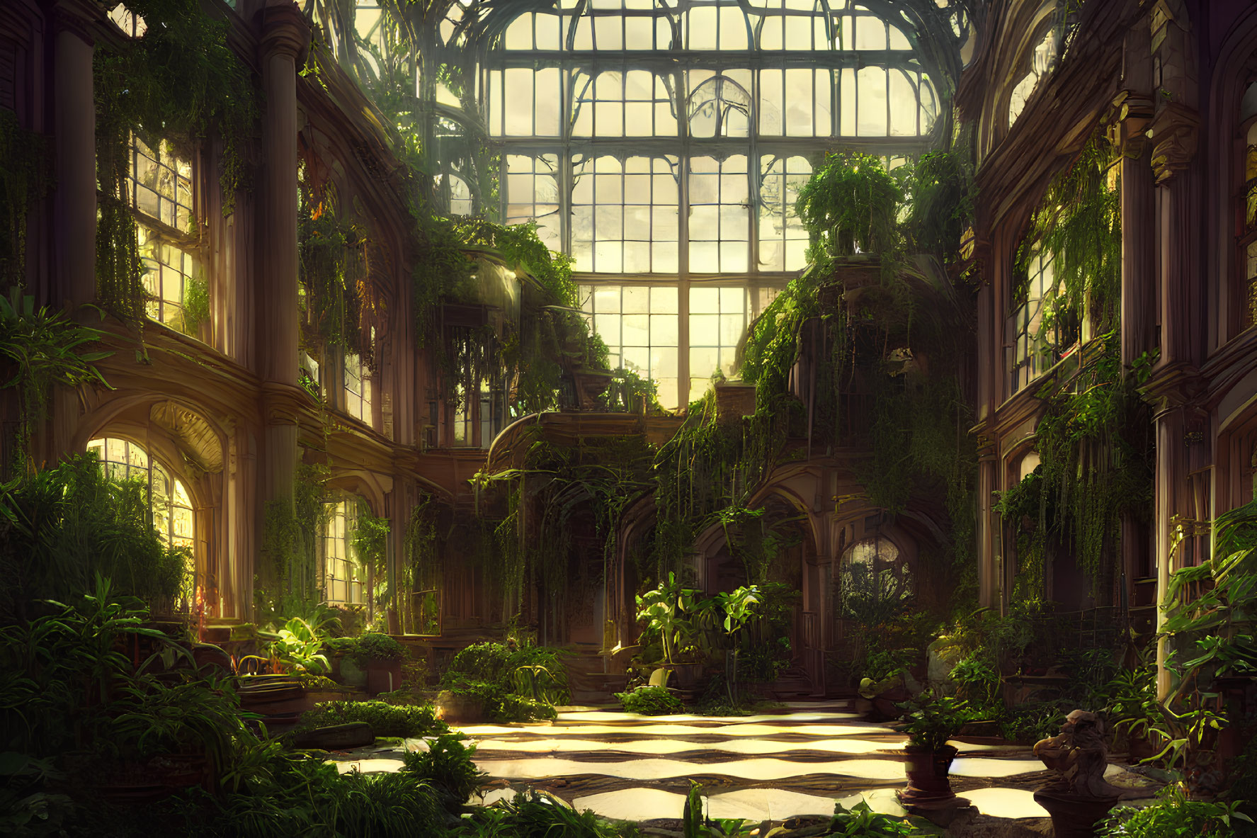 Abandoned greenhouse with lush plants and grand windows