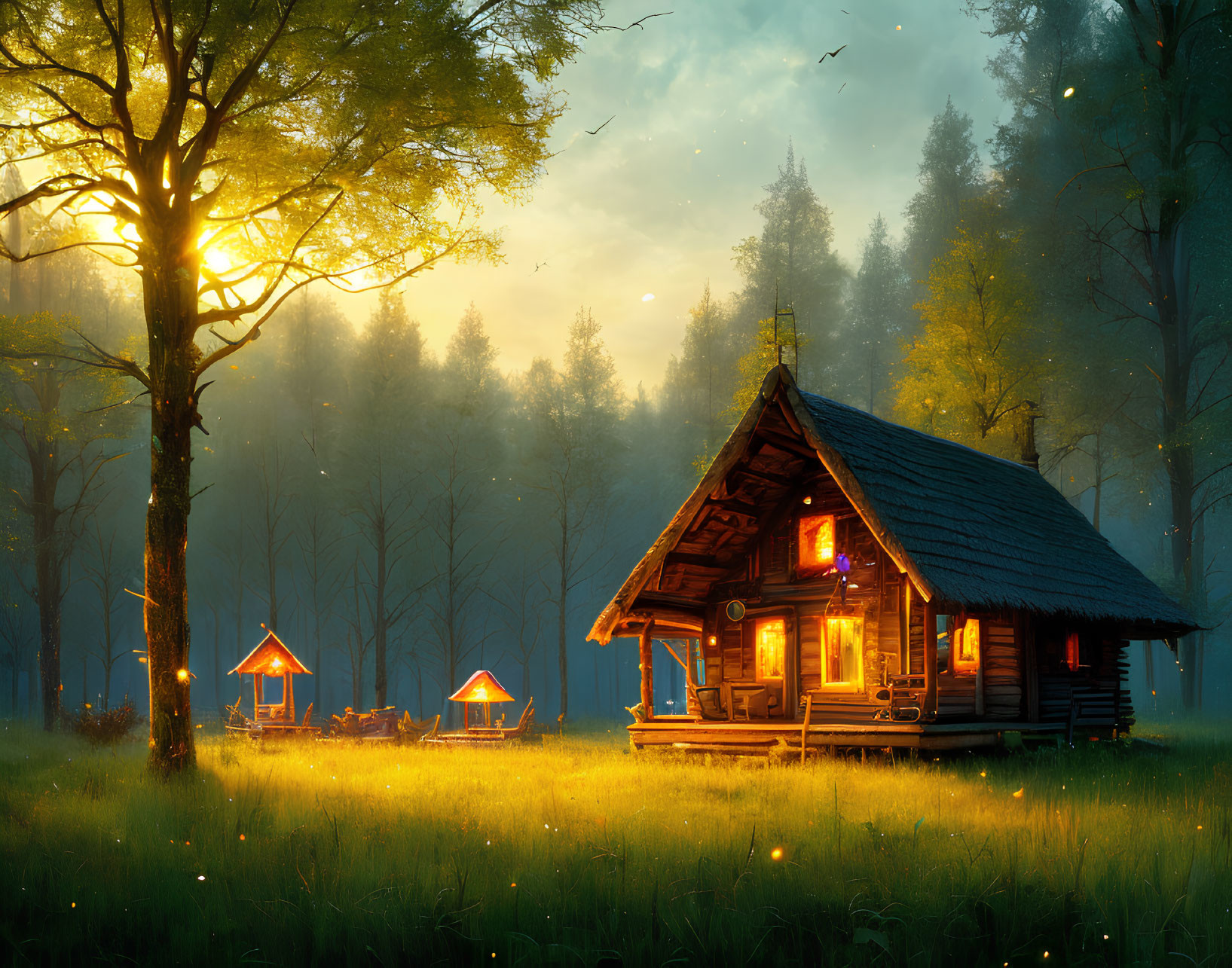 Wooden cabin in serene forest clearing with glowing windows at twilight